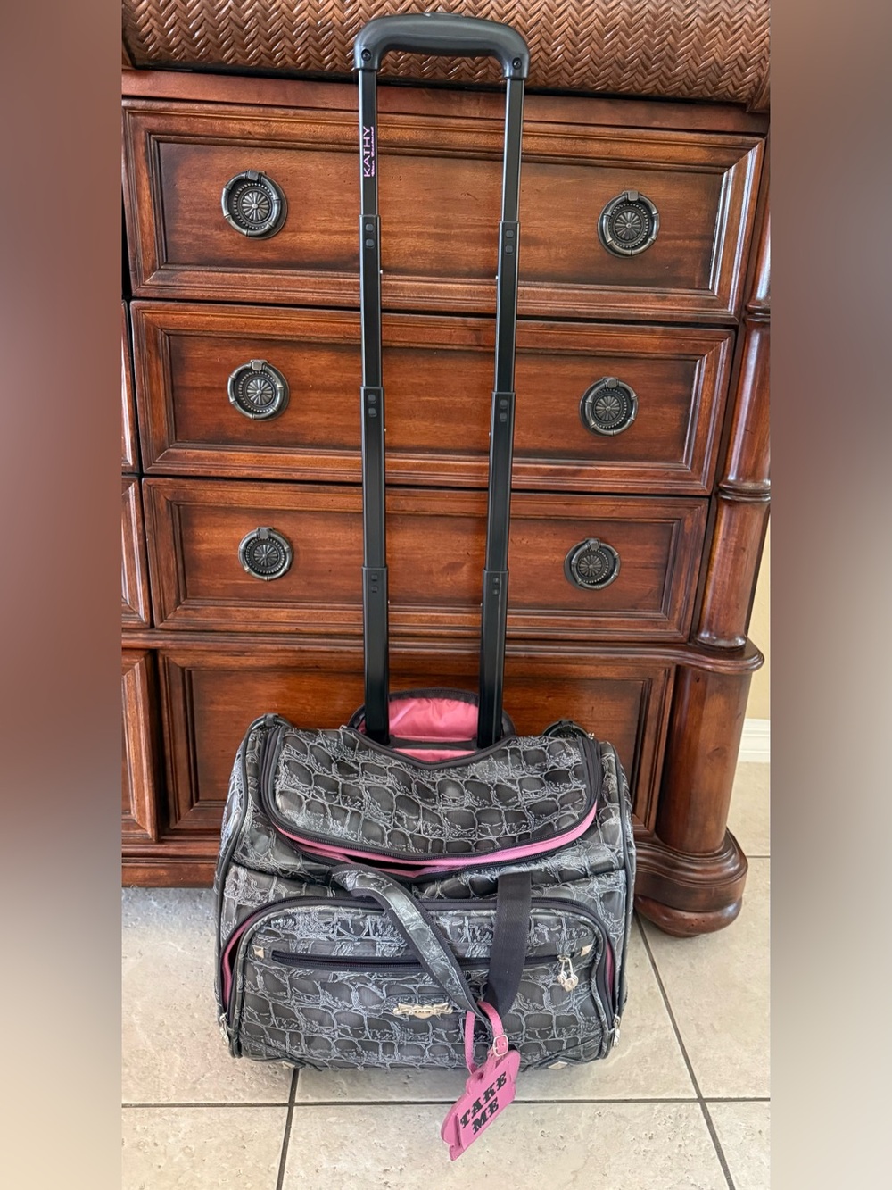 Kathy Van Zeeland Gray Croc Rolling Briefcase Laptop Carry-On Travel Bag